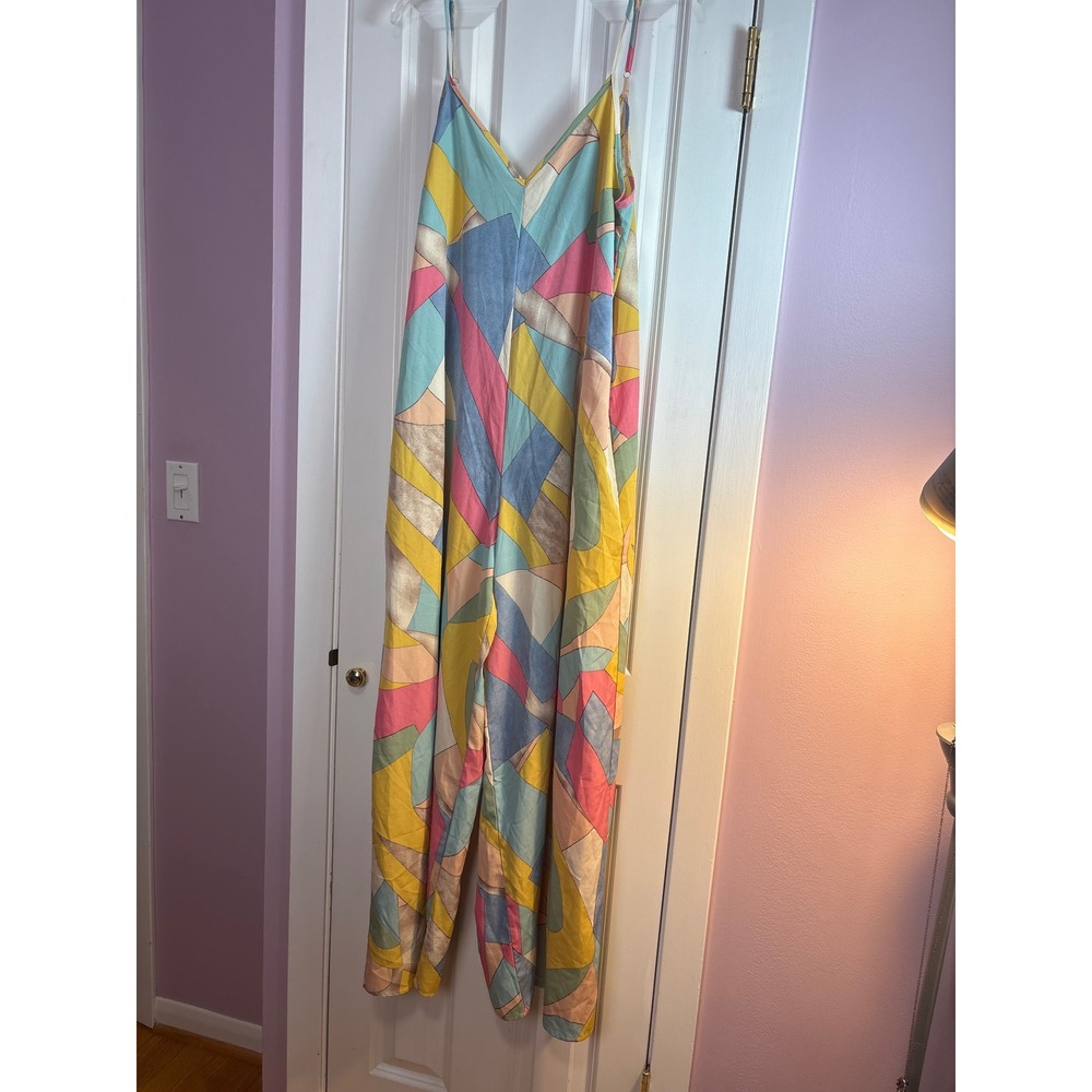 Luukse Geometric Abstract Print Wide Leg Jumpsuit Multi-Color V-Neck Large